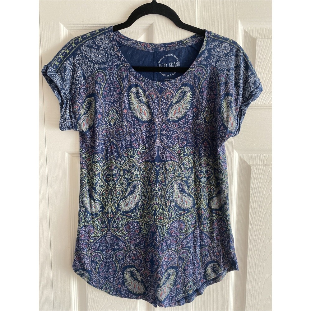 Lucky Brand Paisley Split Back Tee Womens‎ Size XS Blue Boho Short Sleeve Cotton